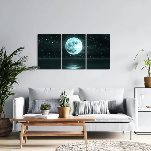 Multicolor_3_Panels_Moon_Sea_Wall_Art_Teal_Blue_Full_Moon_on_Ocean_Landscape_Canvas_Picture_Turquoise_Night_Seascape_Artwork_Painting_Office_Home_Decoration_Framed