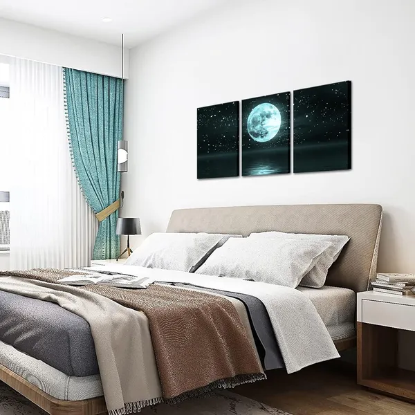 Multicolor_3_Panels_Moon_Sea_Wall_Art_Teal_Blue_Full_Moon_on_Ocean_Landscape_Canvas_Picture_Turquoise_Night_Seascape_Artwork_Painting_Office_Home_Decoration_Framed