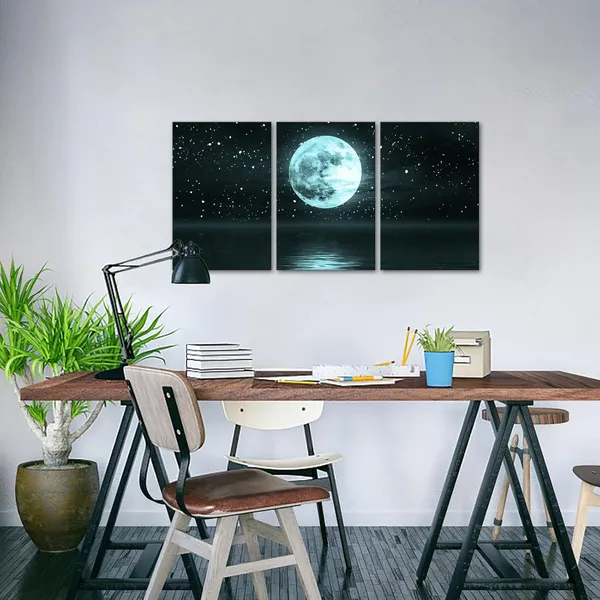 Multicolor_3_Panels_Moon_Sea_Wall_Art_Teal_Blue_Full_Moon_on_Ocean_Landscape_Canvas_Picture_Turquoise_Night_Seascape_Artwork_Painting_Office_Home_Decoration_Framed