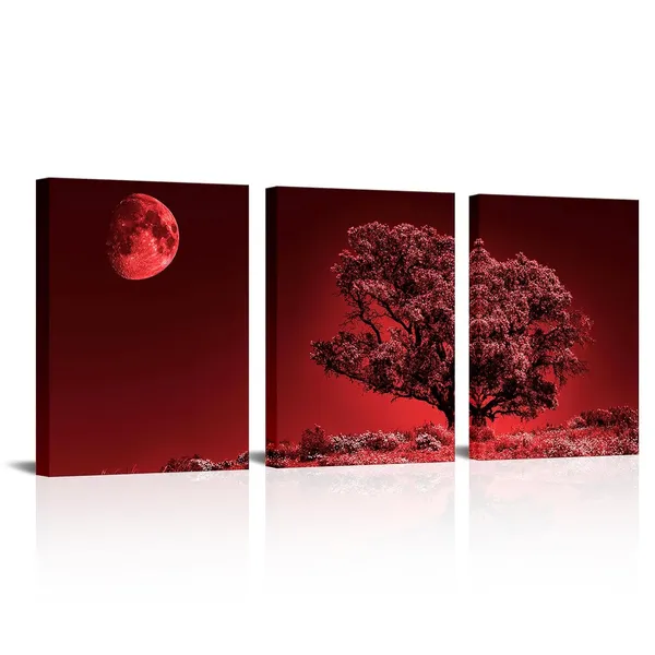 Multicolor_3_Panels_Red_Nature_Painting_Moon_Night_Wall_Art_Tree_with_Full_Moon_Picture_Print_Country_Artwork_Home_Decor