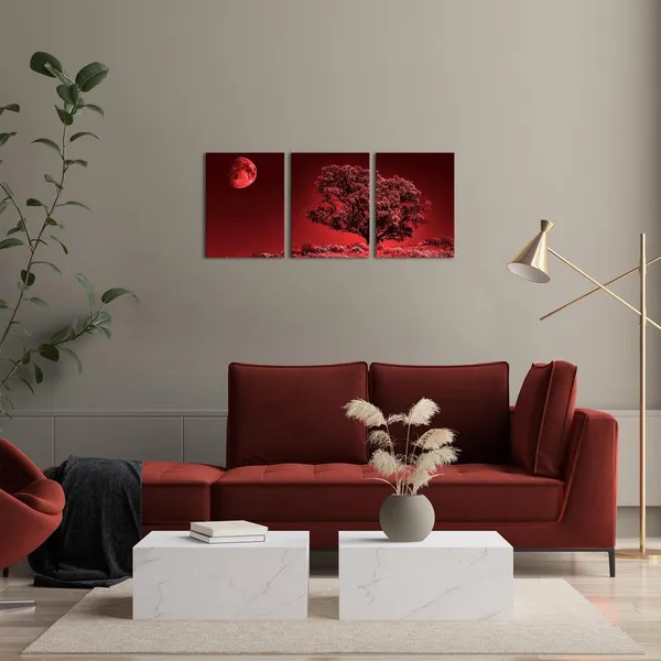 Multicolor_3_Panels_Red_Nature_Painting_Moon_Night_Wall_Art_Tree_with_Full_Moon_Picture_Print_Country_Artwork_Home_Decor