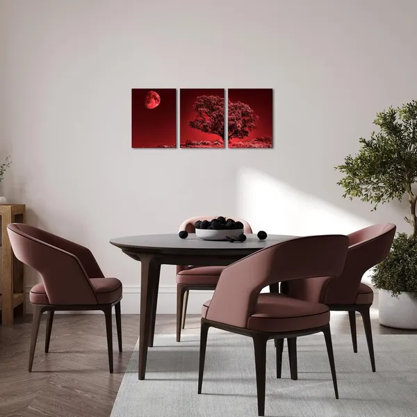 Multicolor_3_Panels_Red_Nature_Painting_Moon_Night_Wall_Art_Tree_with_Full_Moon_Picture_Print_Country_Artwork_Home_Decor