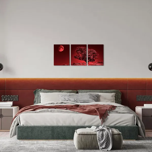 Multicolor_3_Panels_Red_Nature_Painting_Moon_Night_Wall_Art_Tree_with_Full_Moon_Picture_Print_Country_Artwork_Home_Decor