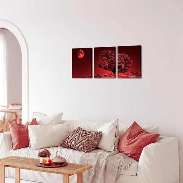 Multicolor_3_Panels_Red_Nature_Painting_Moon_Night_Wall_Art_Tree_with_Full_Moon_Picture_Print_Country_Artwork_Home_Decor