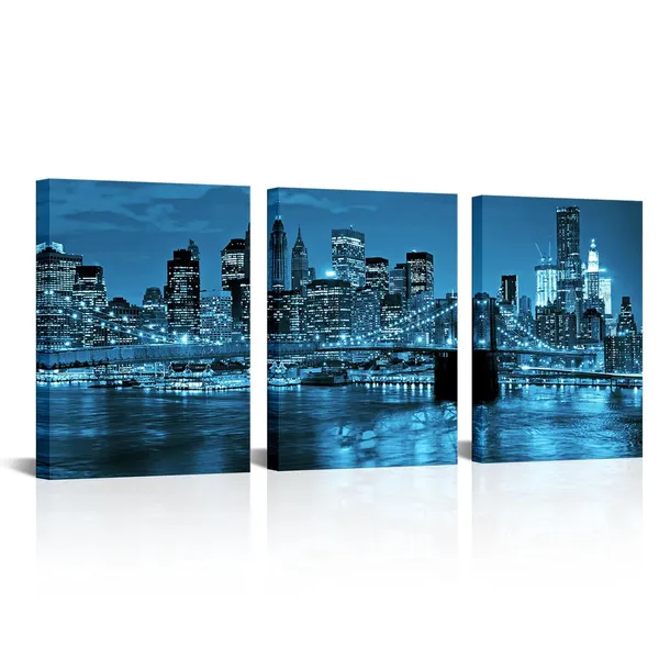 Multicolor_3_Panel_City_Wall_Art_Blue_New_York_Brooklyn_Bridge_Canvas_Painting_Cityscape_Night_Building_Picture_Poster_Print_Framed_|_For_Living_Room_Office_Home_Decor