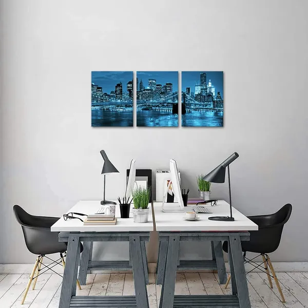 Multicolor_3_Panel_City_Wall_Art_Blue_New_York_Brooklyn_Bridge_Canvas_Painting_Cityscape_Night_Building_Picture_Poster_Print_Framed_|_For_Living_Room_Office_Home_Decor