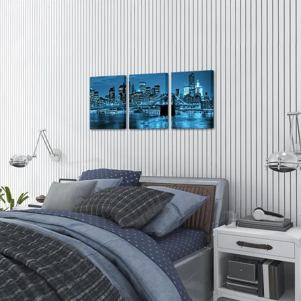 Multicolor_3_Panel_City_Wall_Art_Blue_New_York_Brooklyn_Bridge_Canvas_Painting_Cityscape_Night_Building_Picture_Poster_Print_Framed_|_For_Living_Room_Office_Home_Decor