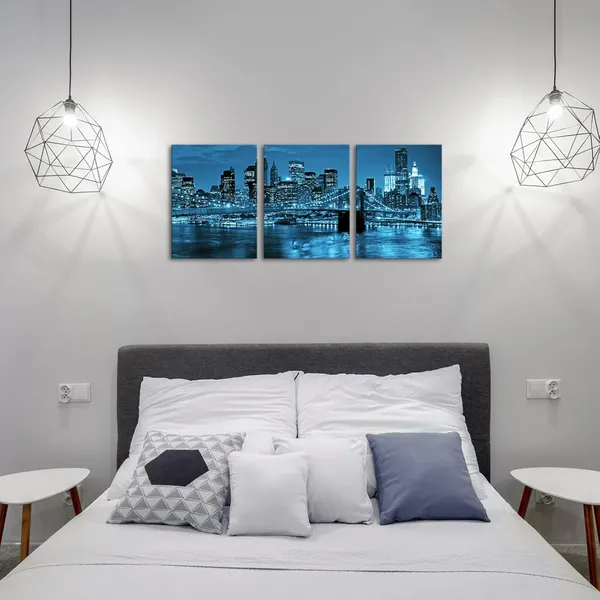 Multicolor_3_Panel_City_Wall_Art_Blue_New_York_Brooklyn_Bridge_Canvas_Painting_Cityscape_Night_Building_Picture_Poster_Print_Framed_|_For_Living_Room_Office_Home_Decor