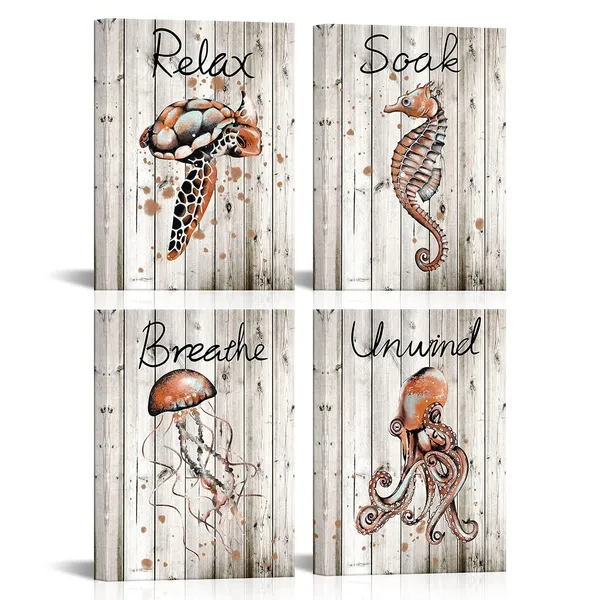 Multicolor_4_Panel_Ocean_Animal_Wall_Art_Nautical_Sea_Turtle_Seahorse_Octopus_Jellyfish_Picture_Painting_Retro_Sealife_Canvas_Prints_Relax_Soak_Breathe_Unwind_Theme_Bathroom_Quotes_Sayings_Wall_Decor