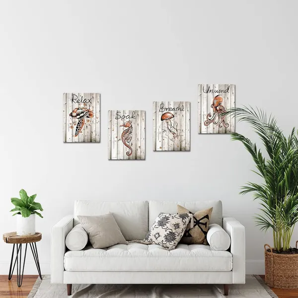 Multicolor_4_Panel_Ocean_Animal_Wall_Art_Nautical_Sea_Turtle_Seahorse_Octopus_Jellyfish_Picture_Painting_Retro_Sealife_Canvas_Prints_Relax_Soak_Breathe_Unwind_Theme_Bathroom_Quotes_Sayings_Wall_Decor