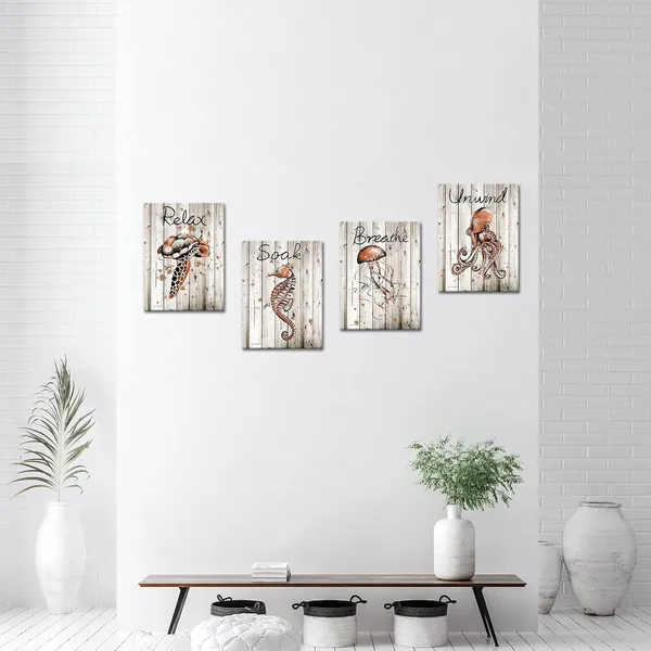 Multicolor_4_Panel_Ocean_Animal_Wall_Art_Nautical_Sea_Turtle_Seahorse_Octopus_Jellyfish_Picture_Painting_Retro_Sealife_Canvas_Prints_Relax_Soak_Breathe_Unwind_Theme_Bathroom_Quotes_Sayings_Wall_Decor