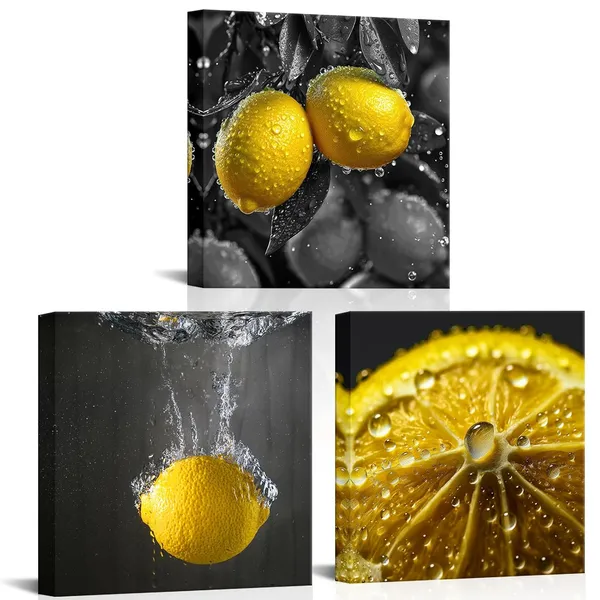 Multicolor_Lemon_Kitchen_Wall_Art_Yellow_and_Grey_Fruit_Picture_Prints_on_Canvas_Fresh_Lemon_and_Waterdrops_Dining_Room_Decor_Gallery_Wrapped