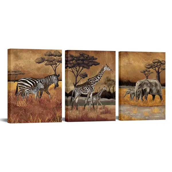 Multicolor_Safari_Wall_Art_Zebra_Giraffe_and_Elephant_Canvas_Painting_Africa_Animal_Artwork_Brown_Bathroom_Wall_Decor_Framed_12x16_Inch_Each