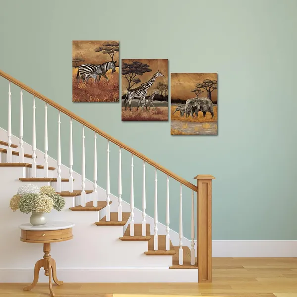 Multicolor_Safari_Wall_Art_Zebra_Giraffe_and_Elephant_Canvas_Painting_Africa_Animal_Artwork_Brown_Bathroom_Wall_Decor_Framed_12x16_Inch_Each