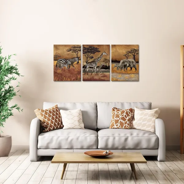 Multicolor_Safari_Wall_Art_Zebra_Giraffe_and_Elephant_Canvas_Painting_Africa_Animal_Artwork_Brown_Bathroom_Wall_Decor_Framed_12x16_Inch_Each