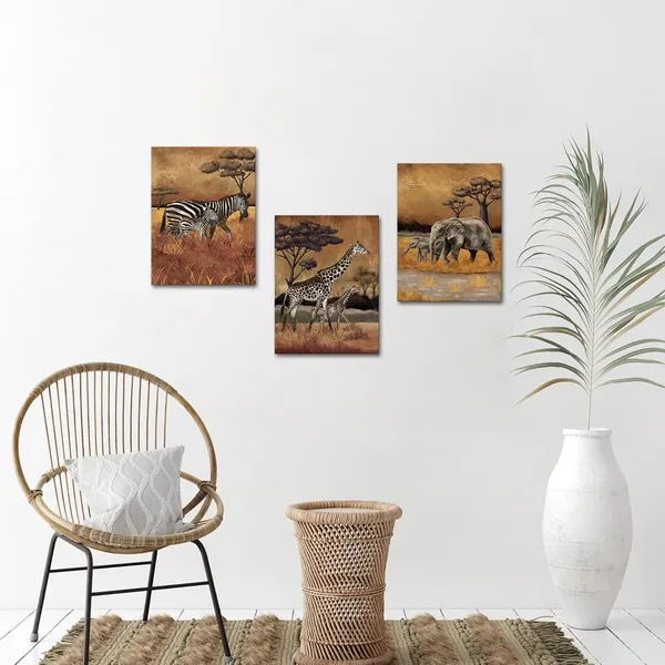 Multicolor_Safari_Wall_Art_Zebra_Giraffe_and_Elephant_Canvas_Painting_Africa_Animal_Artwork_Brown_Bathroom_Wall_Decor_Framed_12x16_Inch_Each