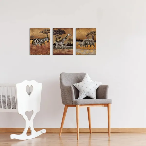Multicolor_Safari_Wall_Art_Zebra_Giraffe_and_Elephant_Canvas_Painting_Africa_Animal_Artwork_Brown_Bathroom_Wall_Decor_Framed_12x16_Inch_Each