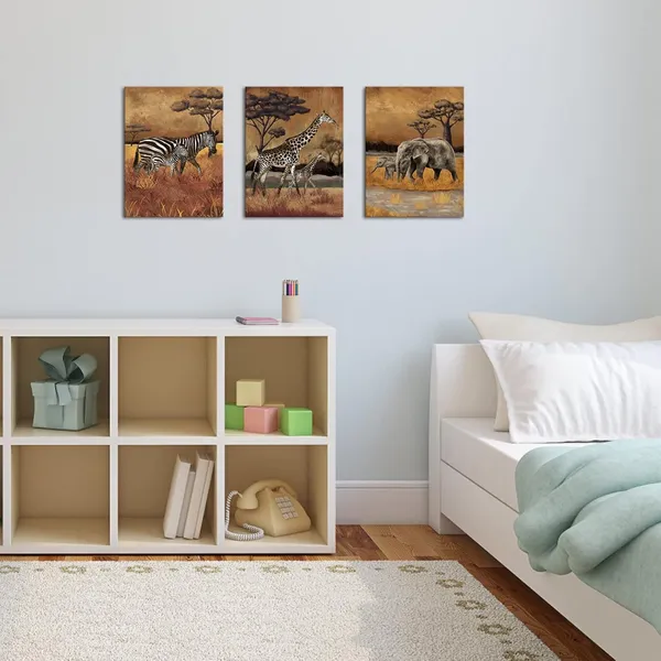 Multicolor_Safari_Wall_Art_Zebra_Giraffe_and_Elephant_Canvas_Painting_Africa_Animal_Artwork_Brown_Bathroom_Wall_Decor_Framed_12x16_Inch_Each