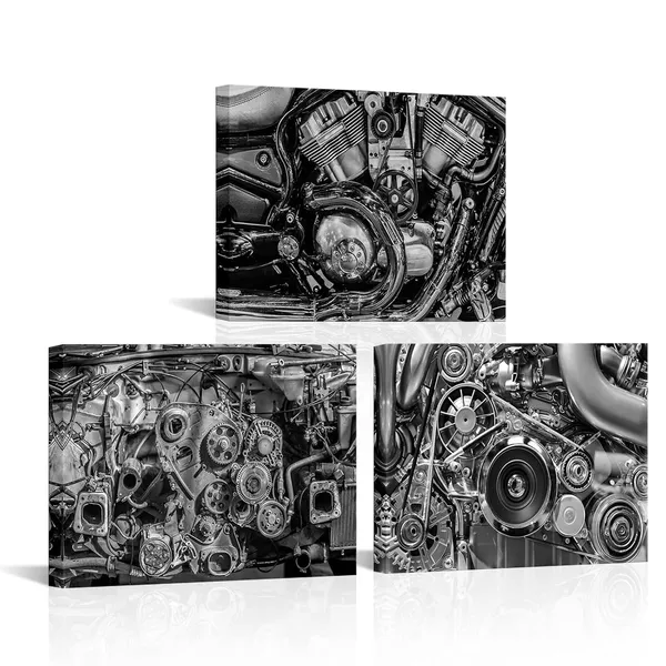 Multicolor_3_Piece_Engine_Painting_Closeup_Gear_and_Chain_Wall_Art_Prints_Framed_Black_and_White_Steampunk_Style_Picture_Artwork_|_For_Man_Cave_Bedroom_Living_Room_Wall_Decor_12"x16"