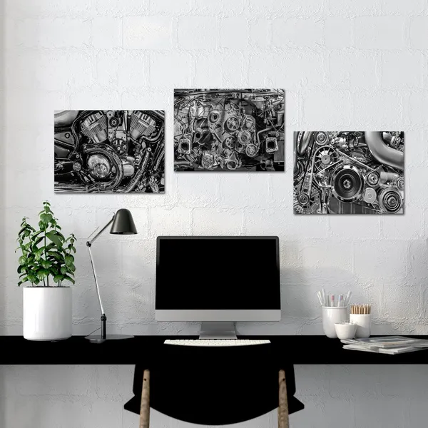 Multicolor_3_Piece_Engine_Painting_Closeup_Gear_and_Chain_Wall_Art_Prints_Framed_Black_and_White_Steampunk_Style_Picture_Artwork_|_For_Man_Cave_Bedroom_Living_Room_Wall_Decor_12"x16"