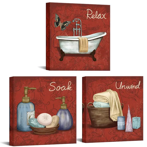 Multicolor_Red_Bathroom_Pictures_Burgundy_Bathroom_Paintings_Relax_Soak_Unwind_Wall_Decor_Spa_Still_Life_Canvas_Artwork_Framed_12"x12"_each_piece