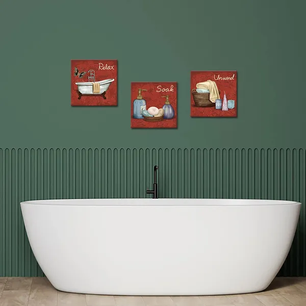 Multicolor_Red_Bathroom_Pictures_Burgundy_Bathroom_Paintings_Relax_Soak_Unwind_Wall_Decor_Spa_Still_Life_Canvas_Artwork_Framed_12"x12"_each_piece