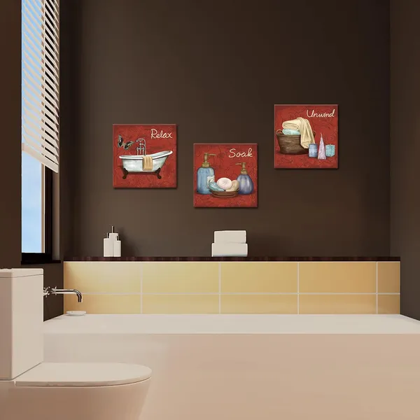 Multicolor_Red_Bathroom_Pictures_Burgundy_Bathroom_Paintings_Relax_Soak_Unwind_Wall_Decor_Spa_Still_Life_Canvas_Artwork_Framed_12"x12"_each_piece