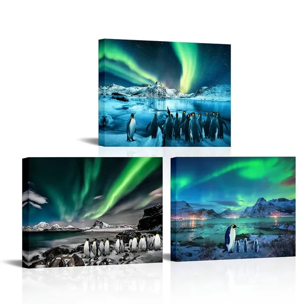 Multicolor_3_Piece_Penguin_Canvas_Wall_Art_Cute_Penguin_under_Aurora_Picture_Prints_Colorful_Animal_Painting_|_For_Kids_Bedroom_Bathroom_Wall_Decor_Framed_12"x16"_(Small)