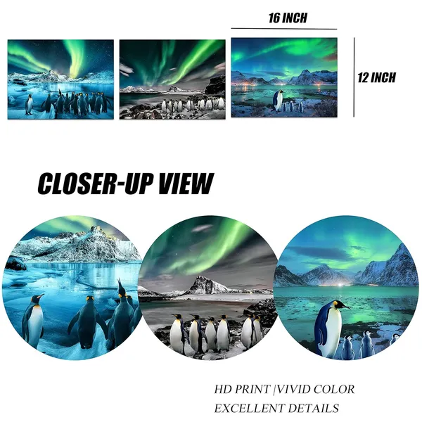 Multicolor_3_Piece_Penguin_Canvas_Wall_Art_Cute_Penguin_under_Aurora_Picture_Prints_Colorful_Animal_Painting_|_For_Kids_Bedroom_Bathroom_Wall_Decor_Framed_12"x16"_(Small)