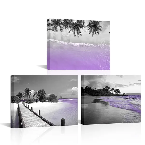 Multicolor_Tropical_Beach_Wall_Art_Prints_Coastal_Palm_Tree_Canvas_Painting_Pictures_Purple_Hawaii_Theme_Bathroom_Wall_Decor_Framed_12x16_inch_x3pcs