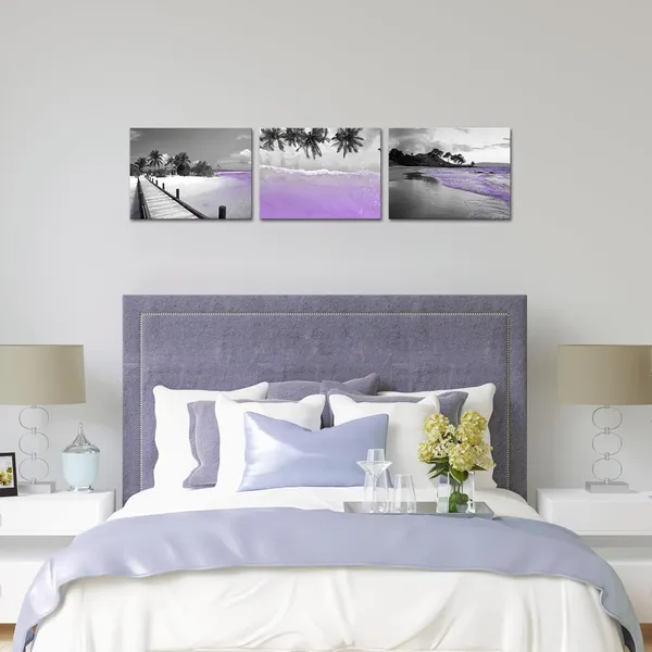 Multicolor_Tropical_Beach_Wall_Art_Prints_Coastal_Palm_Tree_Canvas_Painting_Pictures_Purple_Hawaii_Theme_Bathroom_Wall_Decor_Framed_12x16_inch_x3pcs
