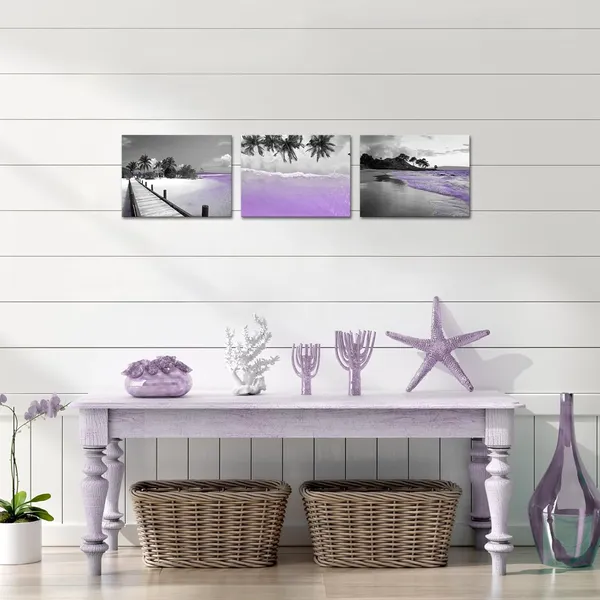 Multicolor_Tropical_Beach_Wall_Art_Prints_Coastal_Palm_Tree_Canvas_Painting_Pictures_Purple_Hawaii_Theme_Bathroom_Wall_Decor_Framed_12x16_inch_x3pcs