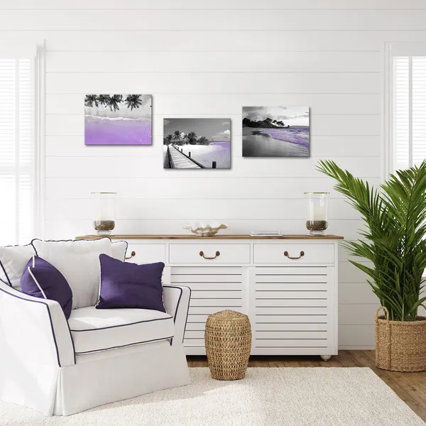 Multicolor_Tropical_Beach_Wall_Art_Prints_Coastal_Palm_Tree_Canvas_Painting_Pictures_Purple_Hawaii_Theme_Bathroom_Wall_Decor_Framed_12x16_inch_x3pcs