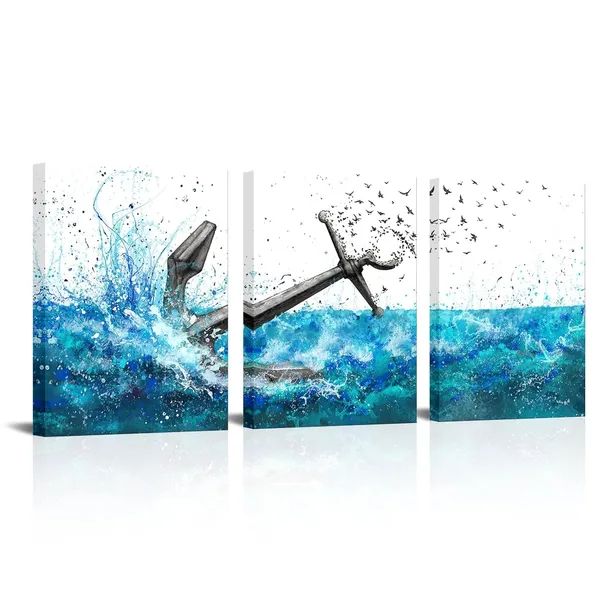 Multicolor_Nautical_Bathroom_Wall_Art_Anchor_Canvas_Pictures_Painting_Blue_Prints_Wall_Decor_Framed_12"X16"_Each_Piece