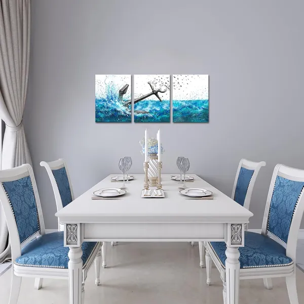 Multicolor_Nautical_Bathroom_Wall_Art_Anchor_Canvas_Pictures_Painting_Blue_Prints_Wall_Decor_Framed_12"X16"_Each_Piece