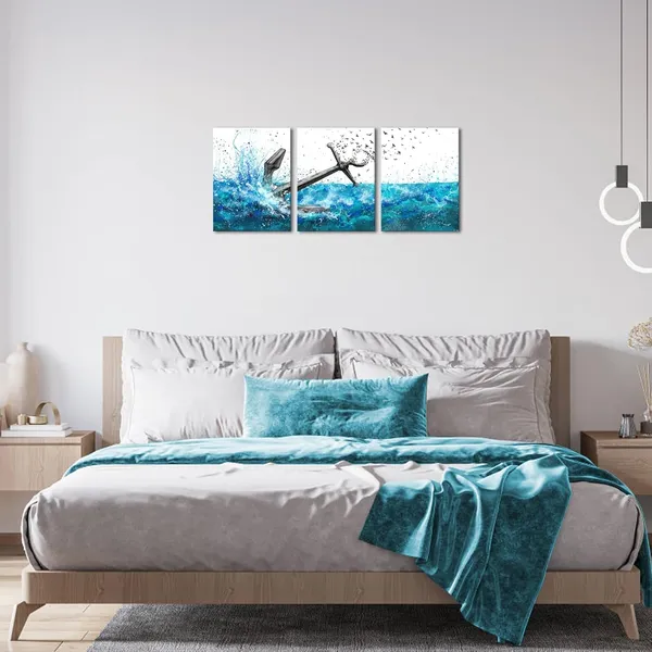 Multicolor_Nautical_Bathroom_Wall_Art_Anchor_Canvas_Pictures_Painting_Blue_Prints_Wall_Decor_Framed_12"X16"_Each_Piece