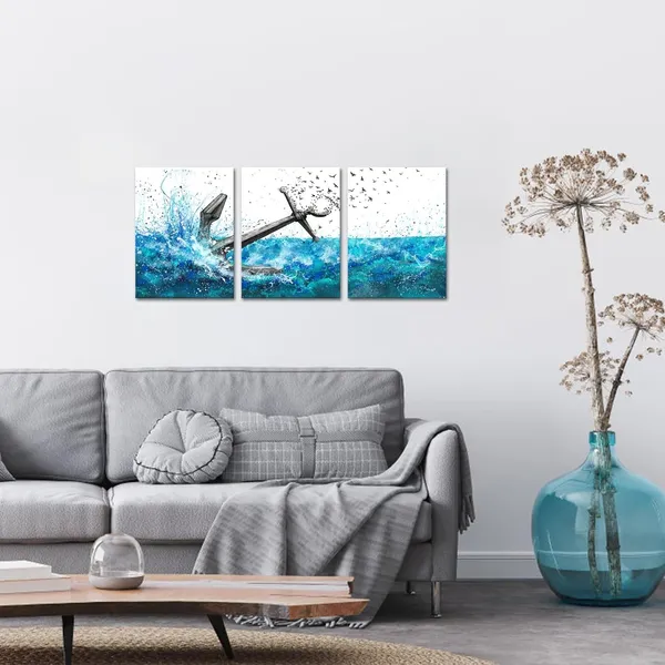Multicolor_Nautical_Bathroom_Wall_Art_Anchor_Canvas_Pictures_Painting_Blue_Prints_Wall_Decor_Framed_12"X16"_Each_Piece