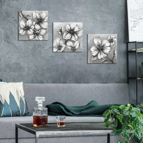 Multicolor_3_Panel_Grey_Flower_Canvas_Prints_Elegant_Magnolia_Wall_Art_Modern_Floral_Painting_|_For_Home_Living_Room_Bedroom_Office_Wall_Decor_Stretched_and_Ready_to_Hang