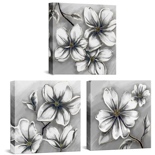 Multicolor_3_Panel_Grey_Flower_Canvas_Prints_Elegant_Magnolia_Wall_Art_Modern_Floral_Painting_|_For_Home_Living_Room_Bedroom_Office_Wall_Decor_Stretched_and_Ready_to_Hang