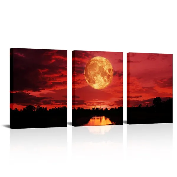 Multicolor_3_Piece_Red_Moon_Wall_Art_Full_Moon_Night_Scene_Painting_Poster_on_Canvas_Framed_Fantasy_Pictures_|_For_Living_Room_Bedroom_Wall_Decor_12"x16"