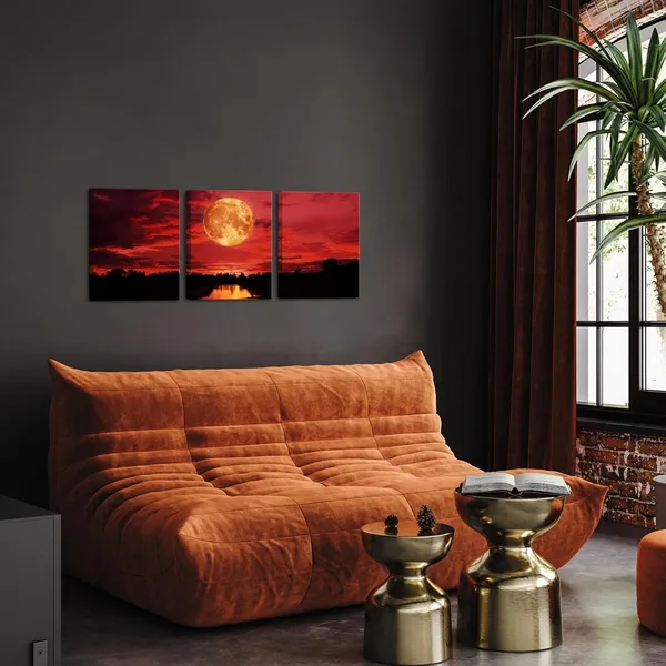 Multicolor_3_Piece_Red_Moon_Wall_Art_Full_Moon_Night_Scene_Painting_Poster_on_Canvas_Framed_Fantasy_Pictures_|_For_Living_Room_Bedroom_Wall_Decor_12"x16"