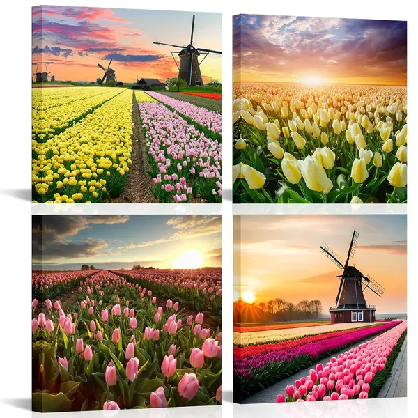 Multicolor_Flower_Field_Canvas_Wall_Art_Tulip_Field_and_Windmill_Sunset_Picture_Prints_Dutch_Floral_Painting_Home_Decor_Framed_12"x12"x4pcs