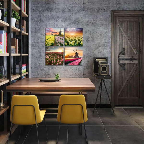 Multicolor_Flower_Field_Canvas_Wall_Art_Tulip_Field_and_Windmill_Sunset_Picture_Prints_Dutch_Floral_Painting_Home_Decor_Framed_12"x12"x4pcs