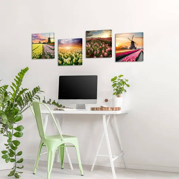 Multicolor_Flower_Field_Canvas_Wall_Art_Tulip_Field_and_Windmill_Sunset_Picture_Prints_Dutch_Floral_Painting_Home_Decor_Framed_12"x12"x4pcs