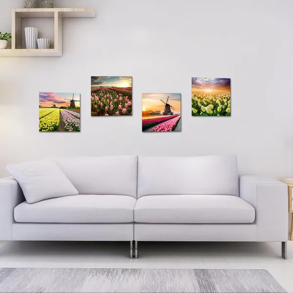 Multicolor_Flower_Field_Canvas_Wall_Art_Tulip_Field_and_Windmill_Sunset_Picture_Prints_Dutch_Floral_Painting_Home_Decor_Framed_12"x12"x4pcs