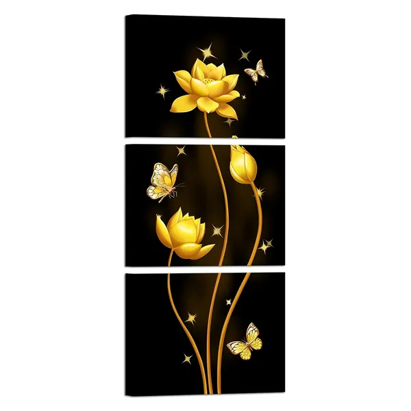 Multicolor_Black_and_Gold_Flower_Canvas_Artwork_Set_of_3_Lotus_Butterflies_Wall_Painting_Each_Panel_12"x16"