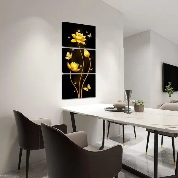 Multicolor_Black_and_Gold_Flower_Canvas_Artwork_Set_of_3_Lotus_Butterflies_Wall_Painting_Each_Panel_12"x16"