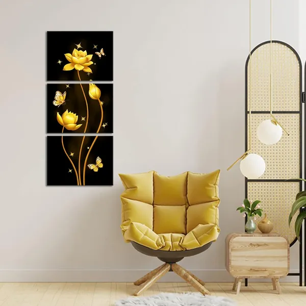 Multicolor_Black_and_Gold_Flower_Canvas_Artwork_Set_of_3_Lotus_Butterflies_Wall_Painting_Each_Panel_12"x16"