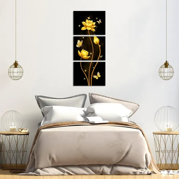 Multicolor_Black_and_Gold_Flower_Canvas_Artwork_Set_of_3_Lotus_Butterflies_Wall_Painting_Each_Panel_12"x16"