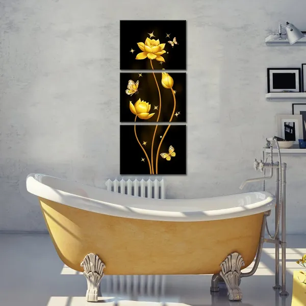 Multicolor_Black_and_Gold_Flower_Canvas_Artwork_Set_of_3_Lotus_Butterflies_Wall_Painting_Each_Panel_12"x16"